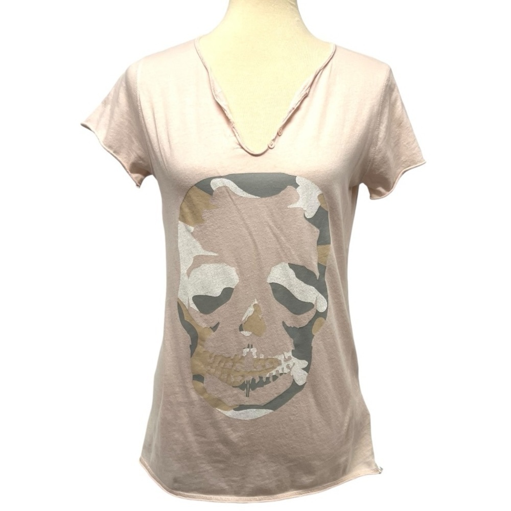 Zadig & Voltaire Pale Pink Skull Graphic Split Neck Short Sleeve T Shirt Women M - Picture 2 of 11